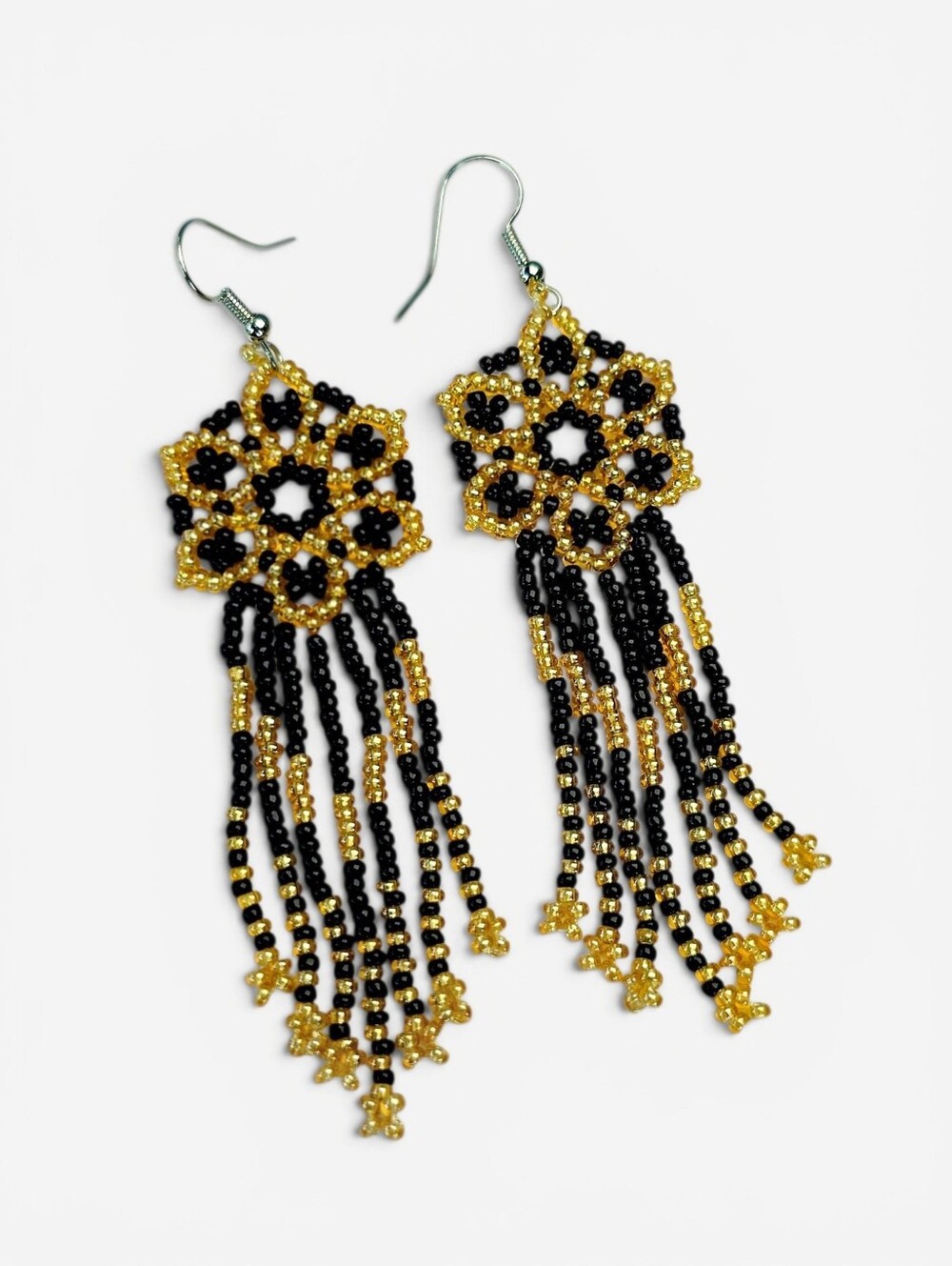 Flora Boho Beaded Fringe Earrings Handmade Black Statement Jewelry